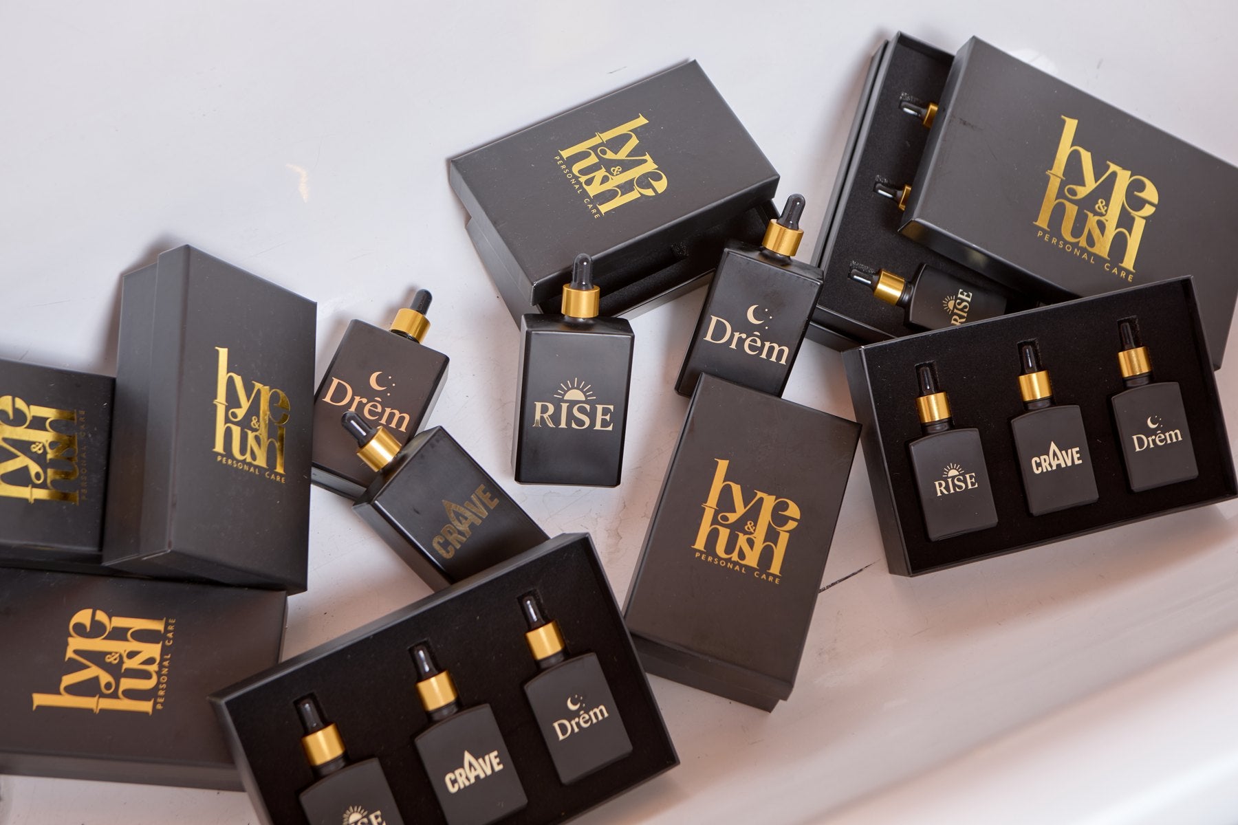 Hype & Hush body oils and ritual sets photographed at the brand shoot